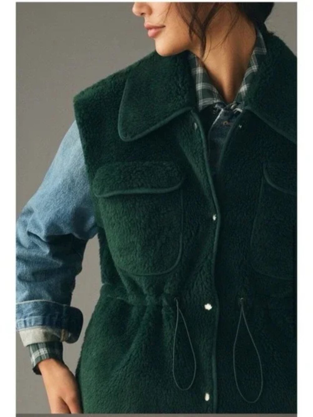 by Anthropologie Cozy Cinched Shearling Vest Size Large in Hunter Green - Picture 2 of 10
